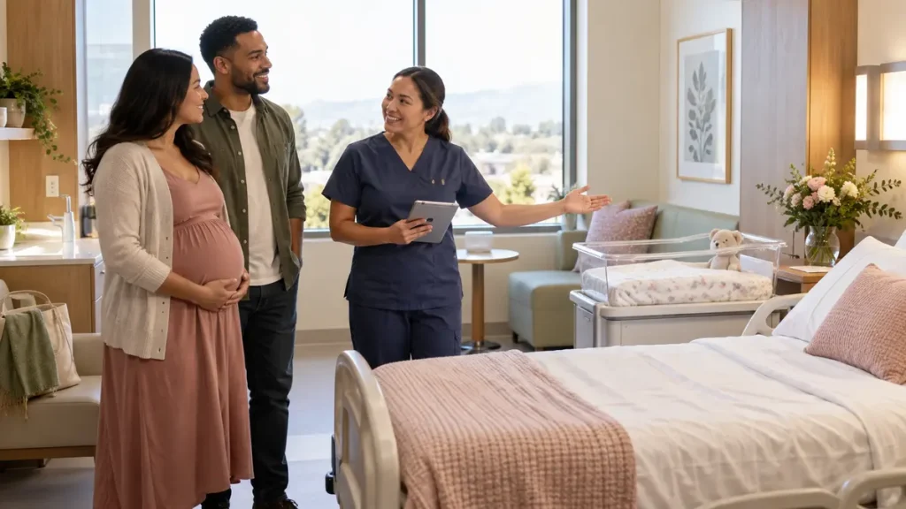 Expectant couple and maternity nurse inside a modern hospital birth room